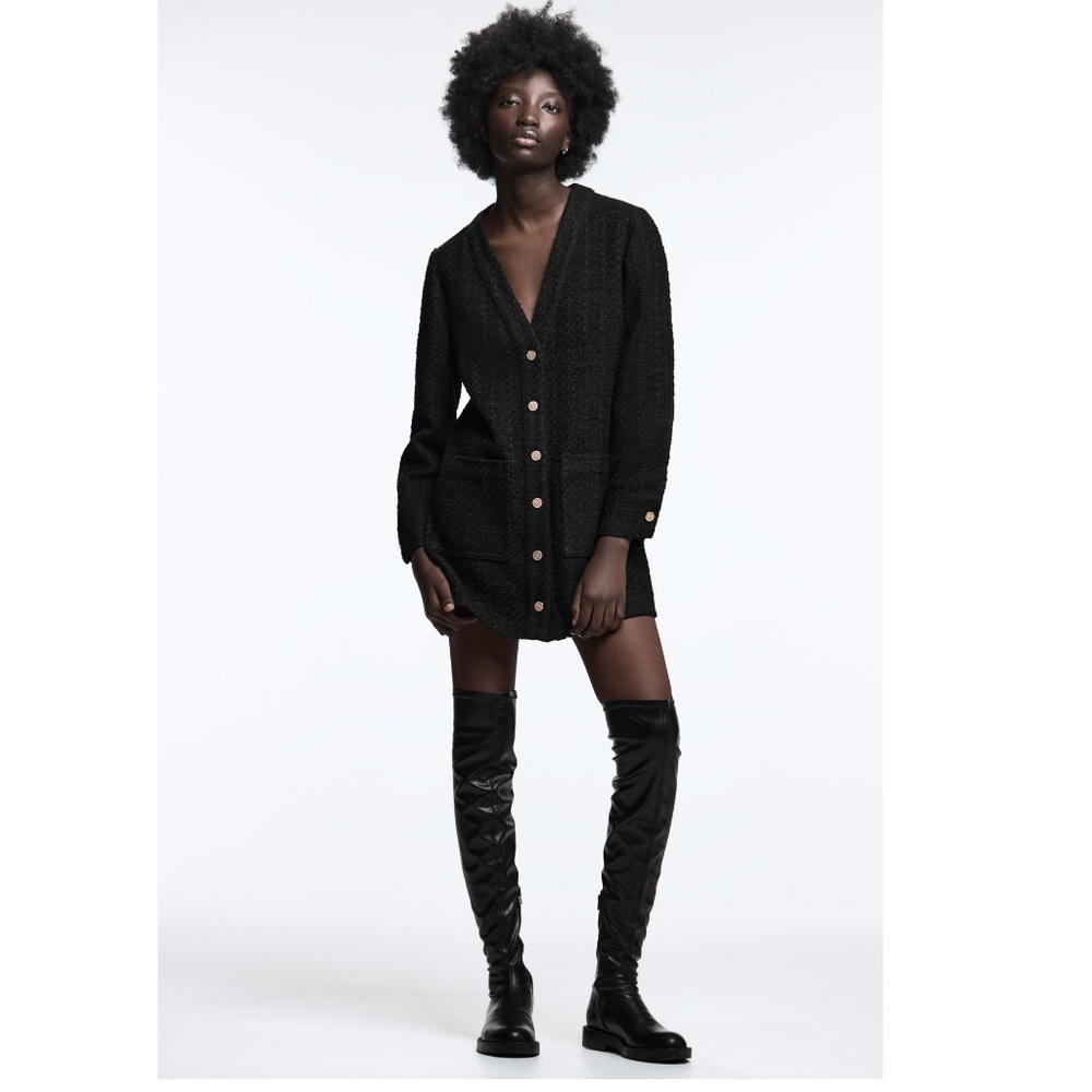 ZARA BLACK TEXTURED WEAVE TWEED DRESS - Picture 2 of 6